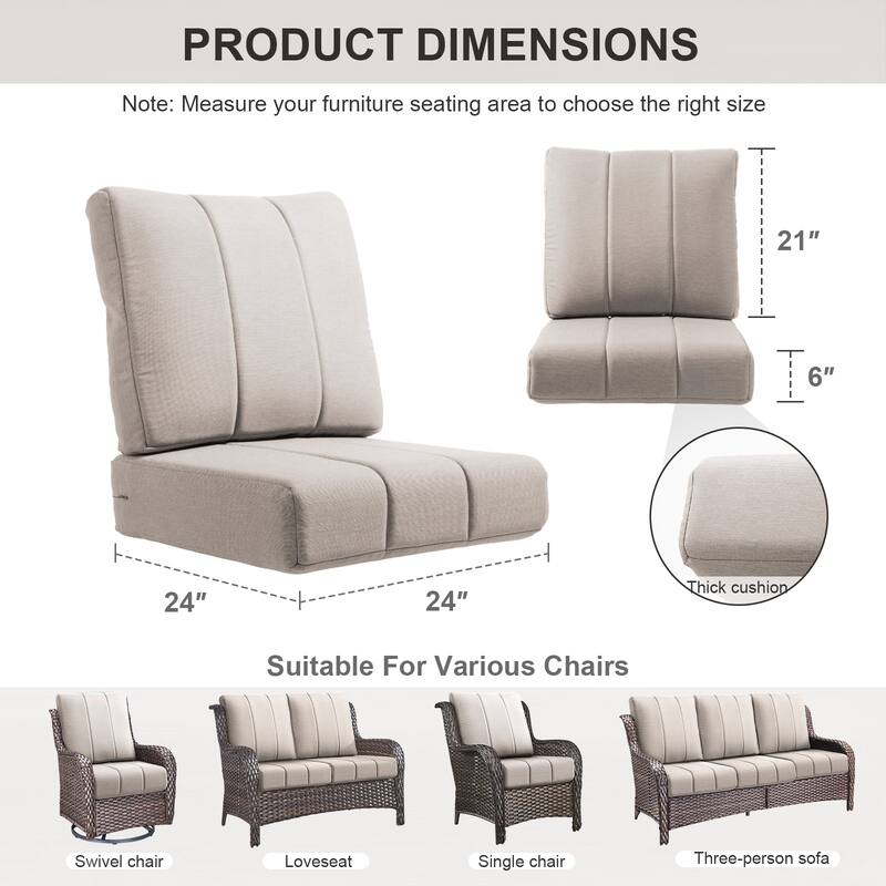 Gymojoy 24"x24"x6" Patio Thick Cushions & Pillows Set - Channel-Tufted Design Deep Seat Water & Fade Resistant Cushion Set