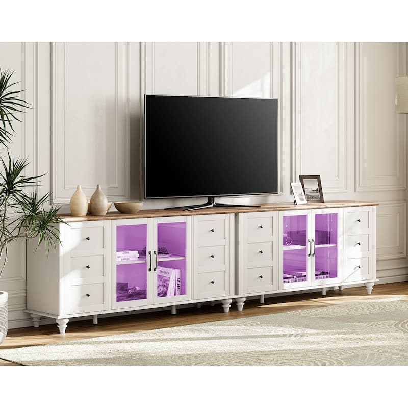 WAMPAT Farmhouse 2 in 1 TV Stand with Glass Door for up to 110" TVs, Modern Entertainment Center with LED Light - 116''