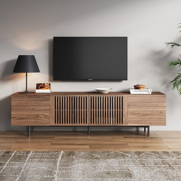 JASIWAY Modern TV Stand Minimalist Slatted Media Console Bed Bath