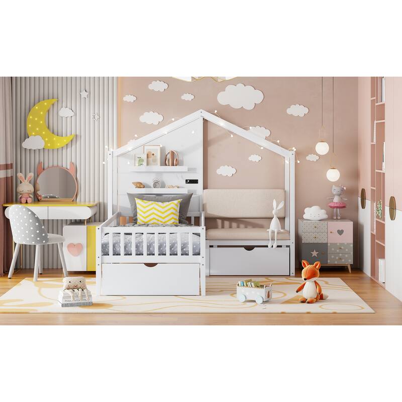 Twin Size House Bed with Upholstered Sofa, House Bed with Charging Station