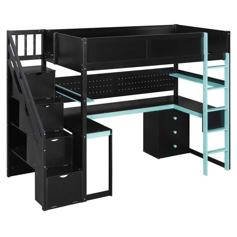 Gaming Loft Bed with Recessed Table Cabinet Pegboard Storage Stairs