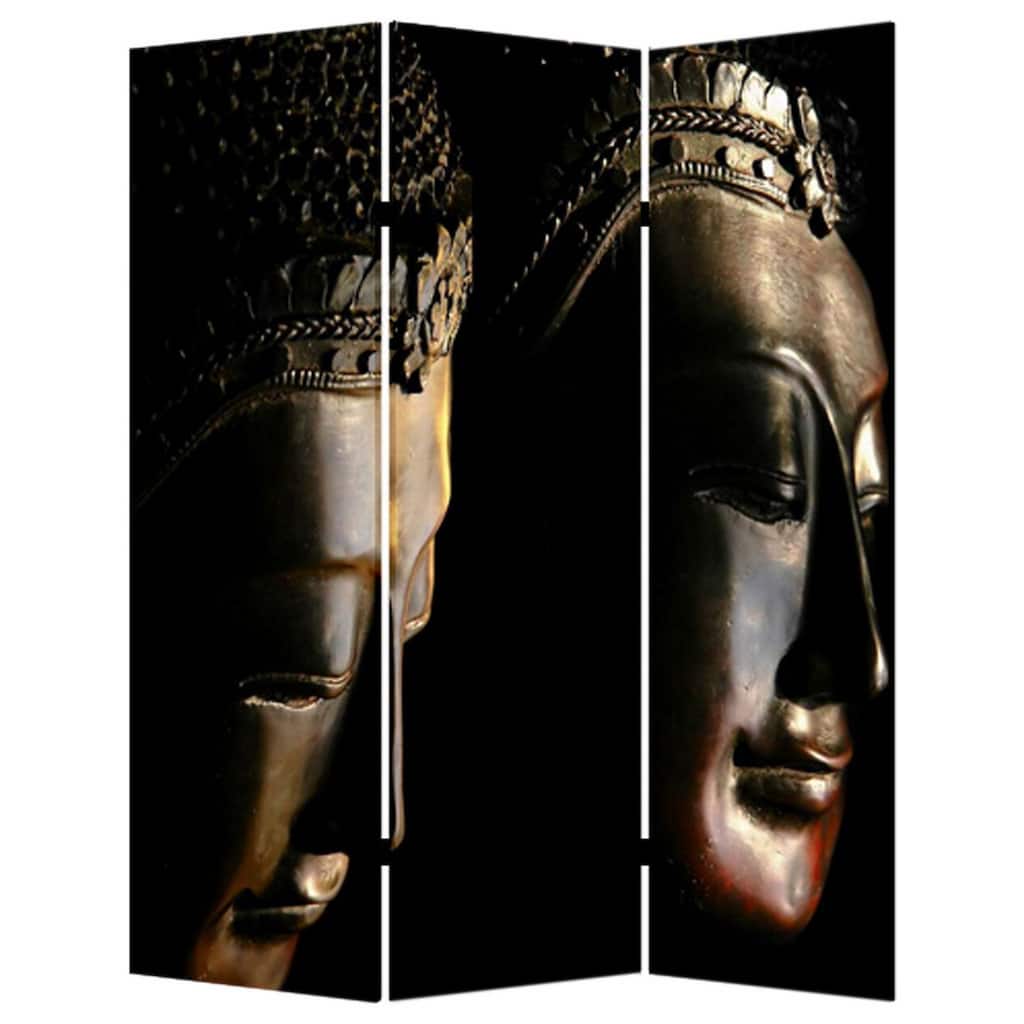 Brar 71 Inch 3 Panel Canvas Screen, Dual Sided Buddha Print, Black, Brown