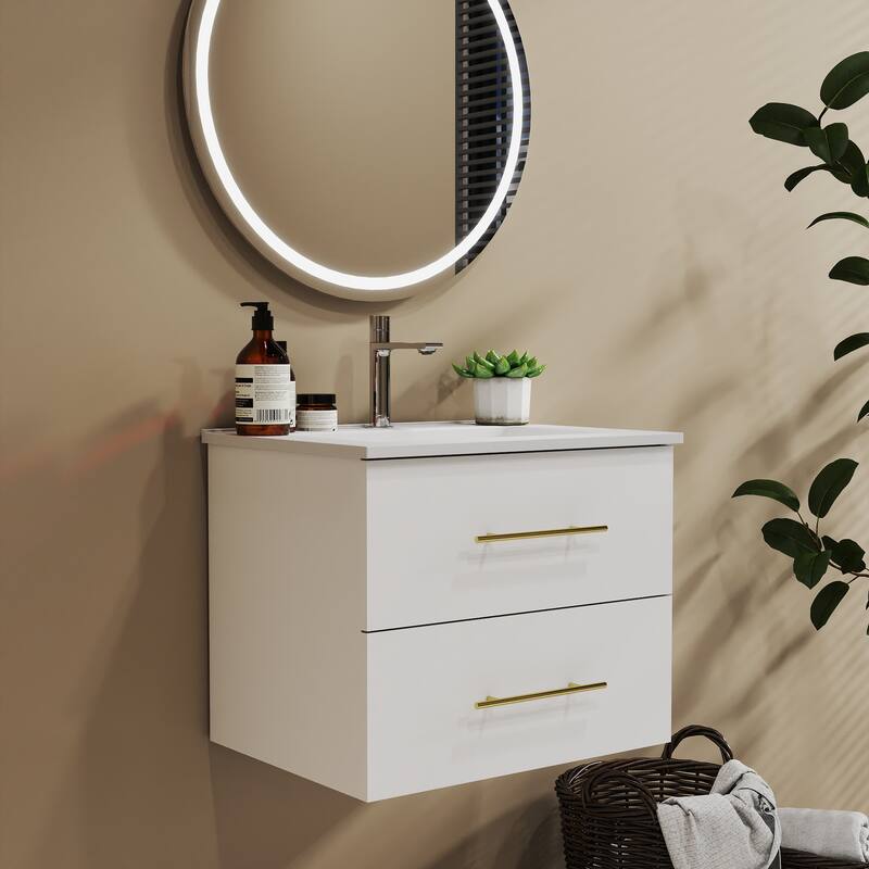 24-Inch Wall-Mounted Bathroom Vanity with Sink Combo,Double Drawers, Ceramic Basin, Easy Assemble,2 Storage Drawers