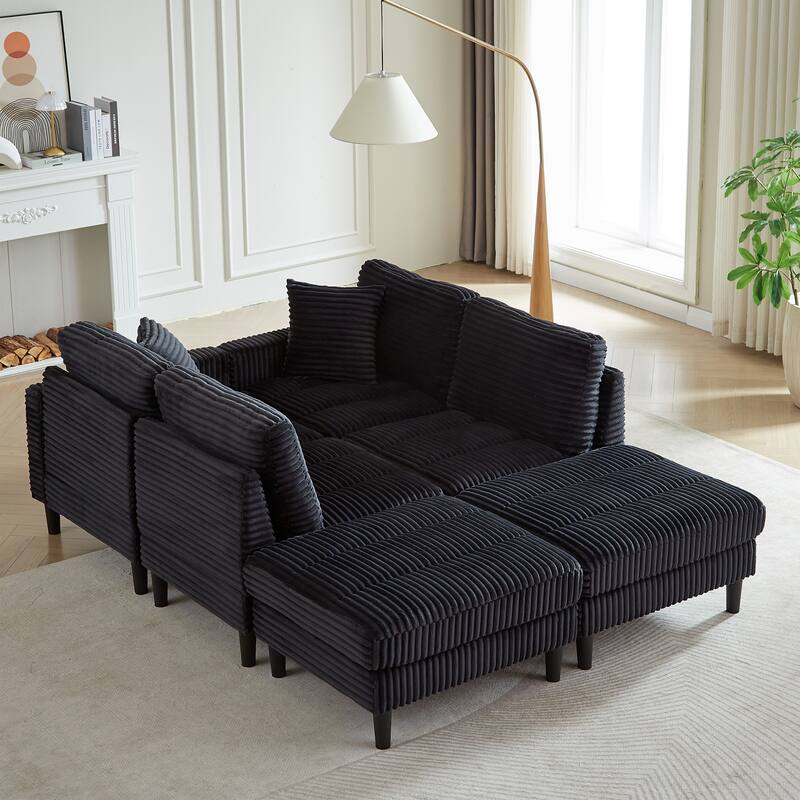 122.5" Corduroy U-Shaped Sectional Sofa with Ottomans & Pillows