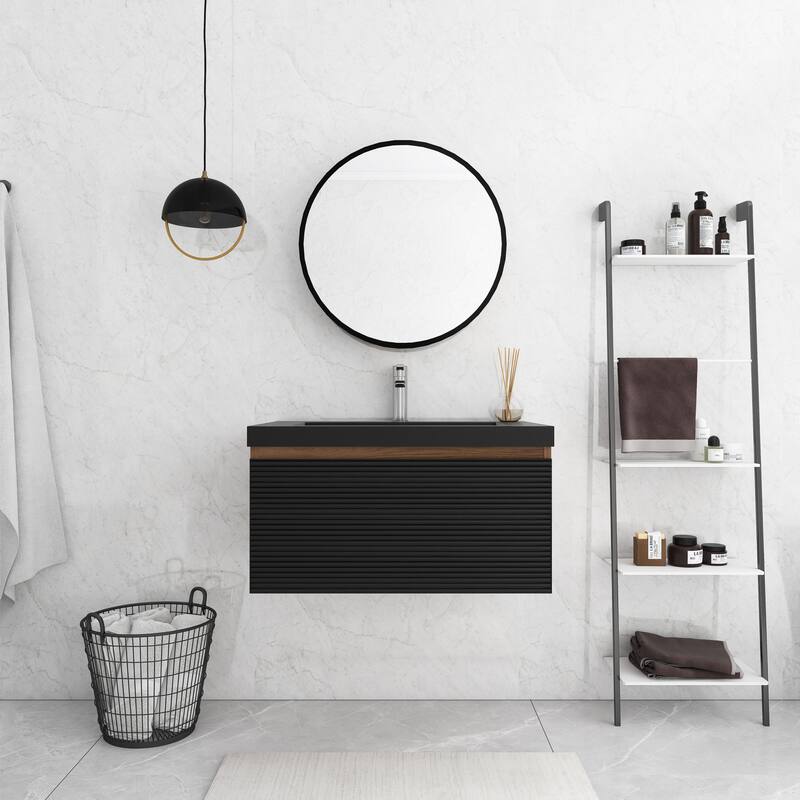Floating Bathroom Vanity in Natural Oak with Integrated Resin Top