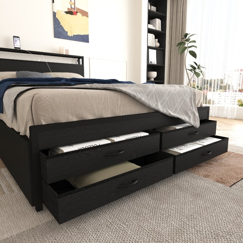 Black Platform Bed Metal Slat Support Frame with 8 Drawers, LED Headboard and Charging Station, No Box Spring Needed Storage Bed