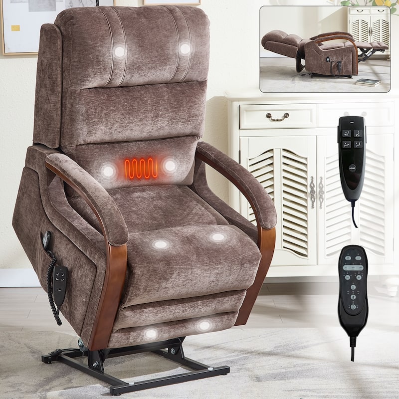 Roomfitters Dual Motor Power Lift Recliner, Infinite Position Massage Chair with Solid Wood Armrests, Chenille - Brown