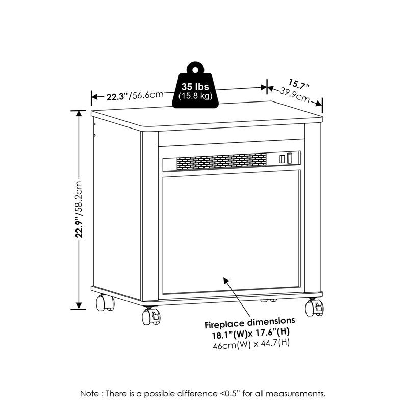 Furinno Jensen Electric Fireplace End Table with Wheels, Americano