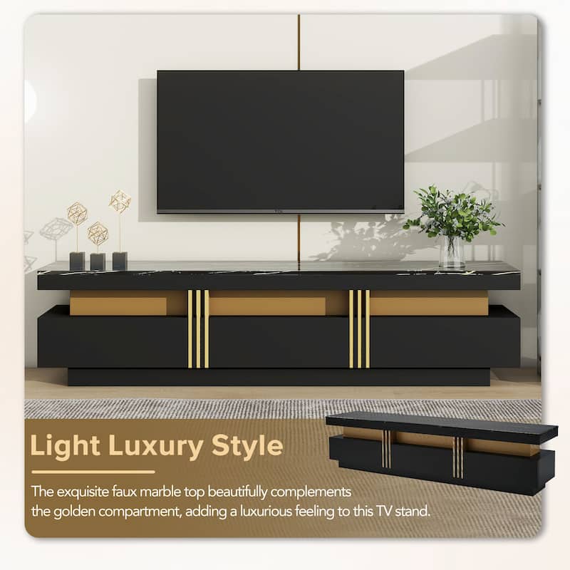 Luxury TV Stand with High Gloss Faux Marble Top for TVs Up to 78'', Rectangle Media Console with Golden Panel.