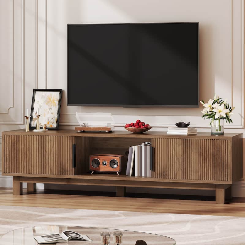 Moasis 59"W Fluted TV Stands for TVs up to 65 Inches, Entertainment Center with Power Outlets - Walnut