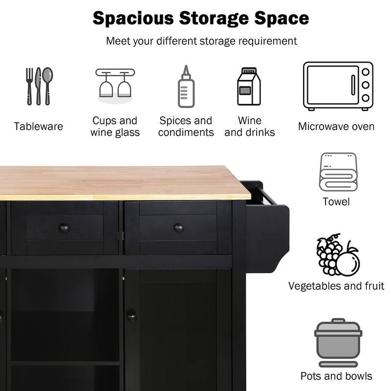 Rubberwood Drop Leaf Countertop Kitchen Cart with Door Inside Storage Rack and 3 Drawers