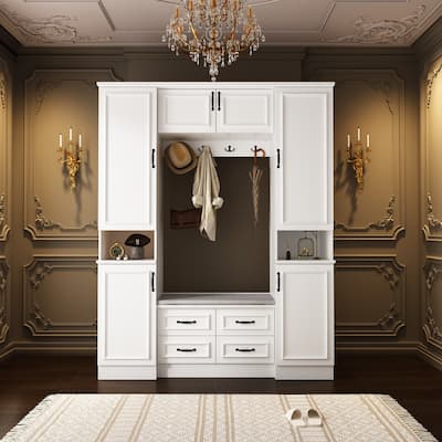 Modern 6-Door Armoire with Cushioned Bench and Drawers