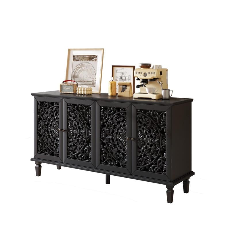 60" Antique Buffet Sideboard with Floral Carvings Solid Wood Legs and Adjustable Shelves for Versatile Storage