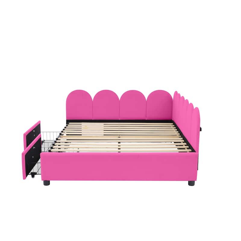 Rose Red Full Size Velvet Upholstered Daybed with Two Drawers and Soft Headboard