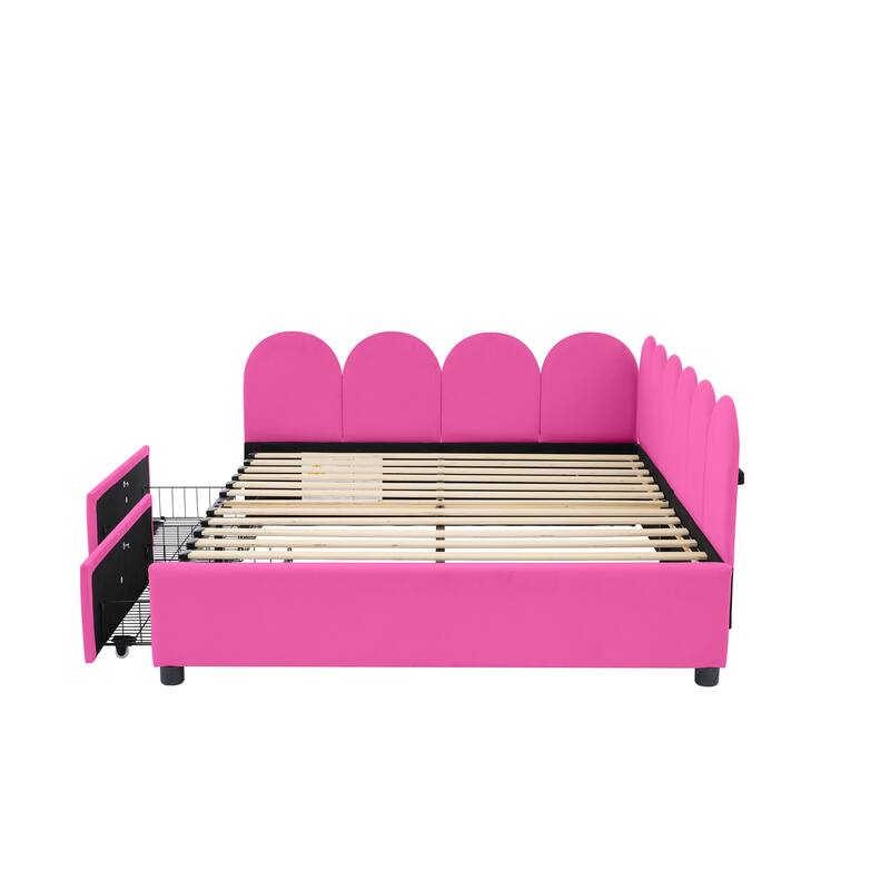 Velvet Upholstered Daybed with Two Drawers and Soft Headboard