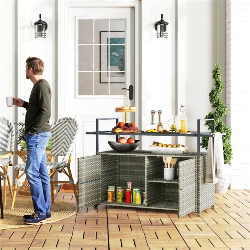 Outdoor Bar Cart PE Rattan Steel Tempered Glass Rolling Beverage Serving Cart with Storage - 51.25" W x 19.75" D x 35.5" H
