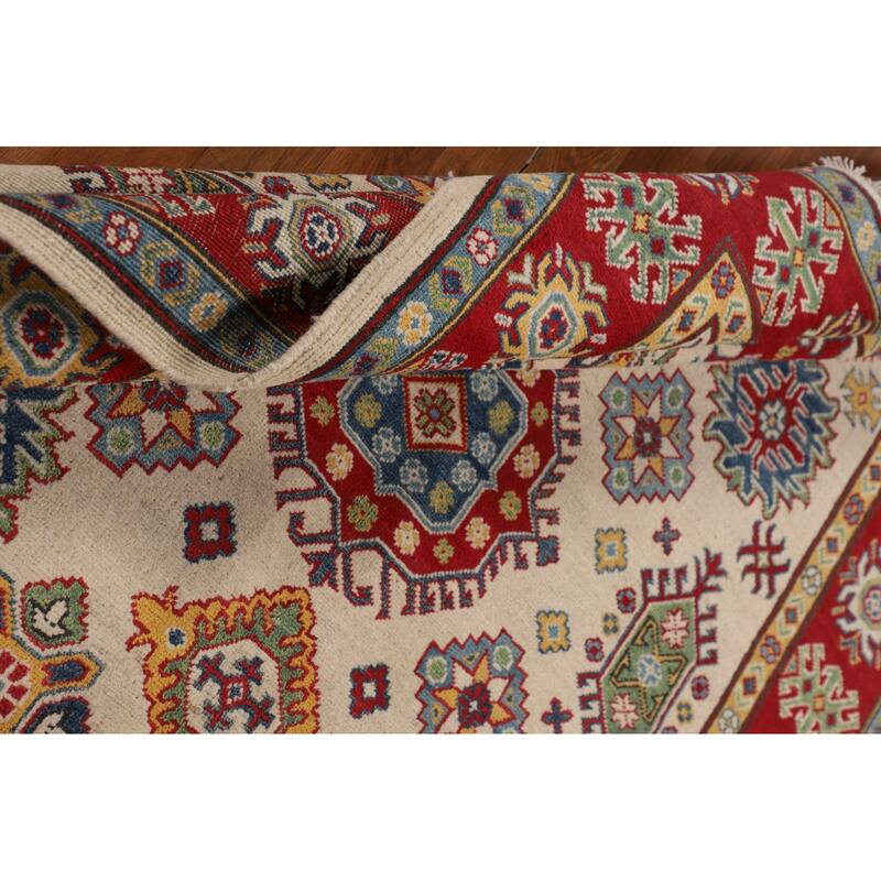 Geometric Ivory Kazak Oriental Area Rug Handmade Wool Carpet - 5'2" x 6'6"