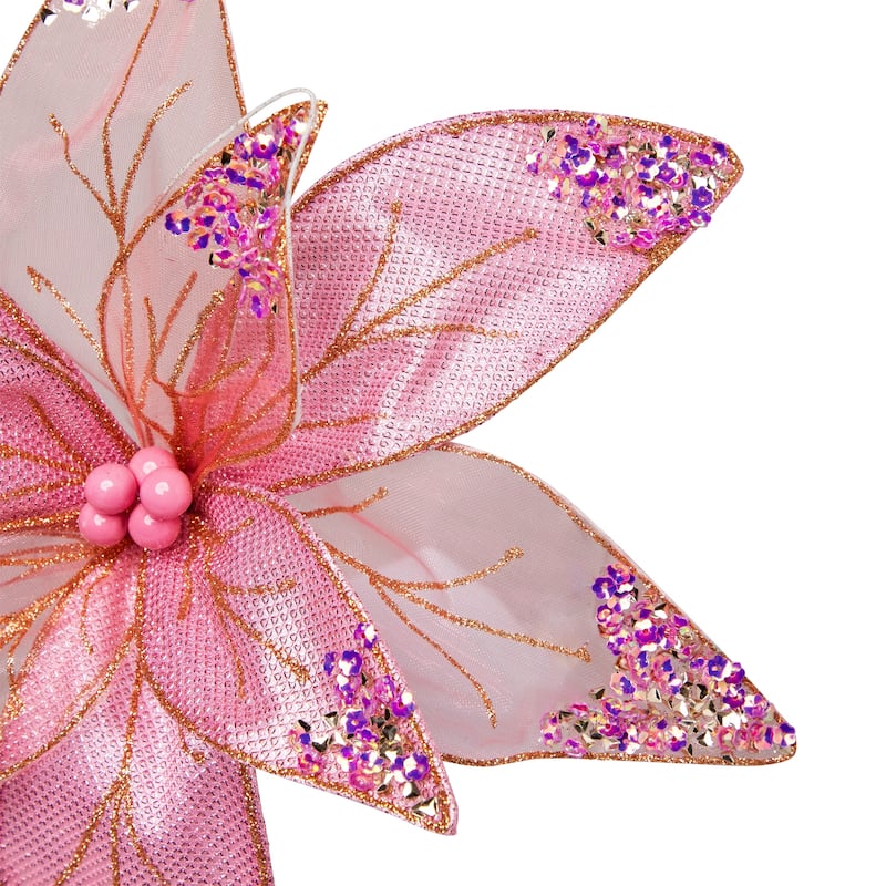 Glitter and Sequin Poinsettia Clip-on Christmas Ornament - 11.5" - Pink and Gold