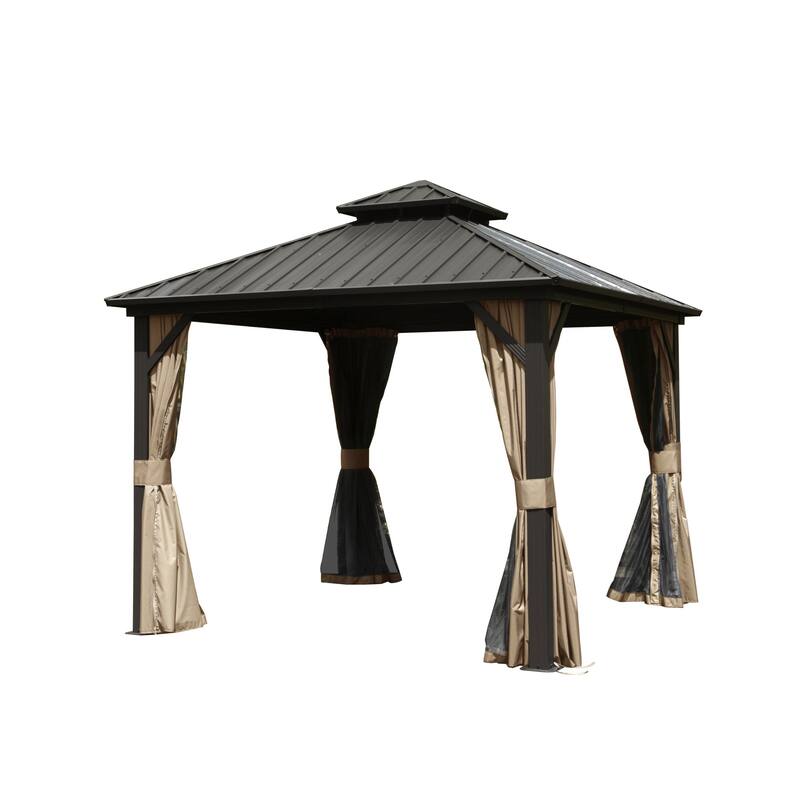 10' x 10' Outdoor Aluminum Metal Hardtop Gazebo with Galvanized Steel Double Roof with Curtain and Netting - Brown