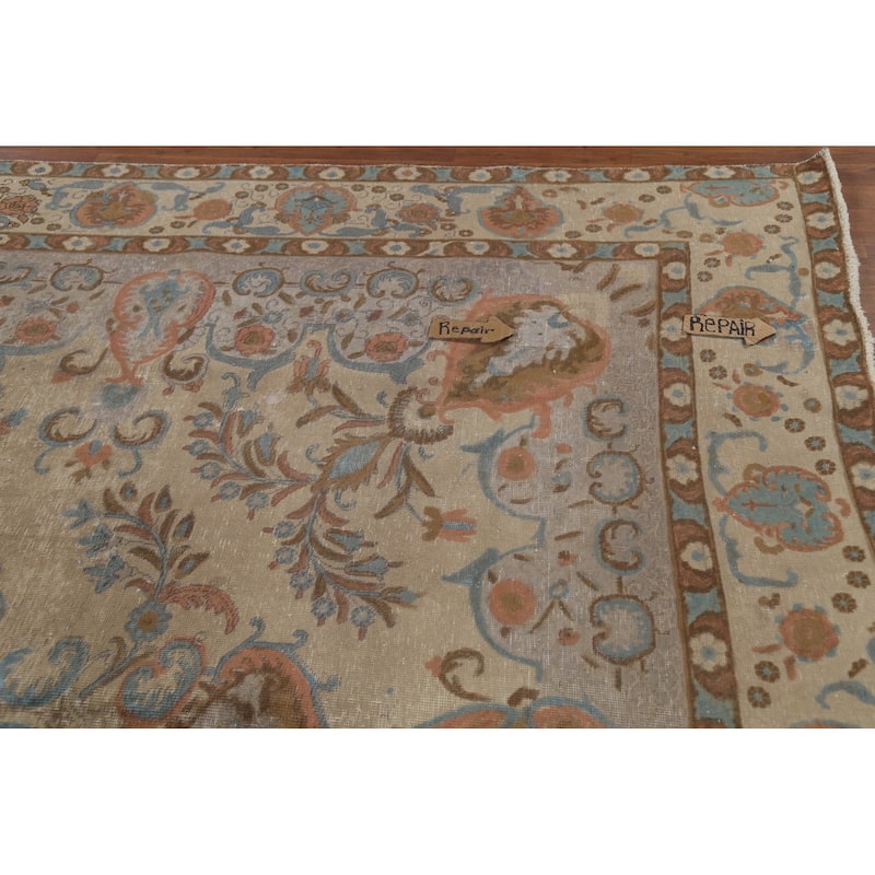 Distressed Floral Tabriz Persian Vintage Area Rug Handmade Wool Carpet - 9'4"x 12'10"