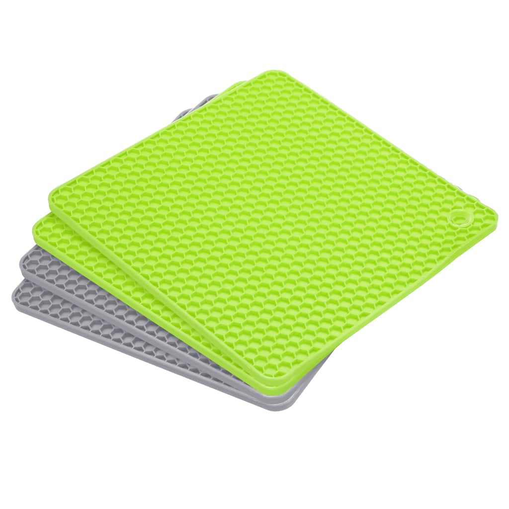 4pcs Silicone Trivet Mats for Pots Pans, Square Hot Pad Teapot Coaster - Light Grey+Green