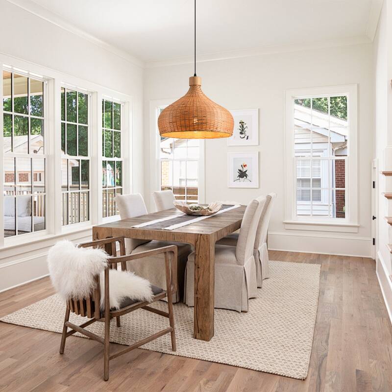 1-Light Retro Brown Handmade Bamboo Woven Dome Hanging Pendant Light - 17.7" W x 59" H