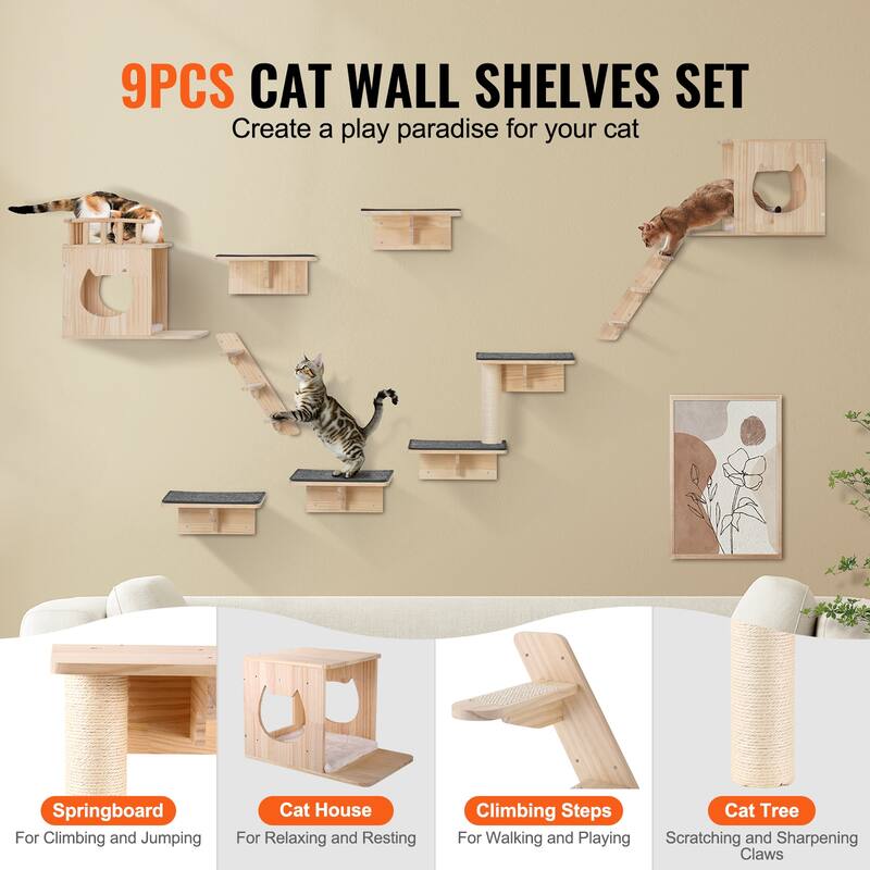 Wall Mounted Cat Shelves, Cat Wall Shelves and Perches with Jumping Boards, Hammock, Sofa, Cat Tree & Cat Grip