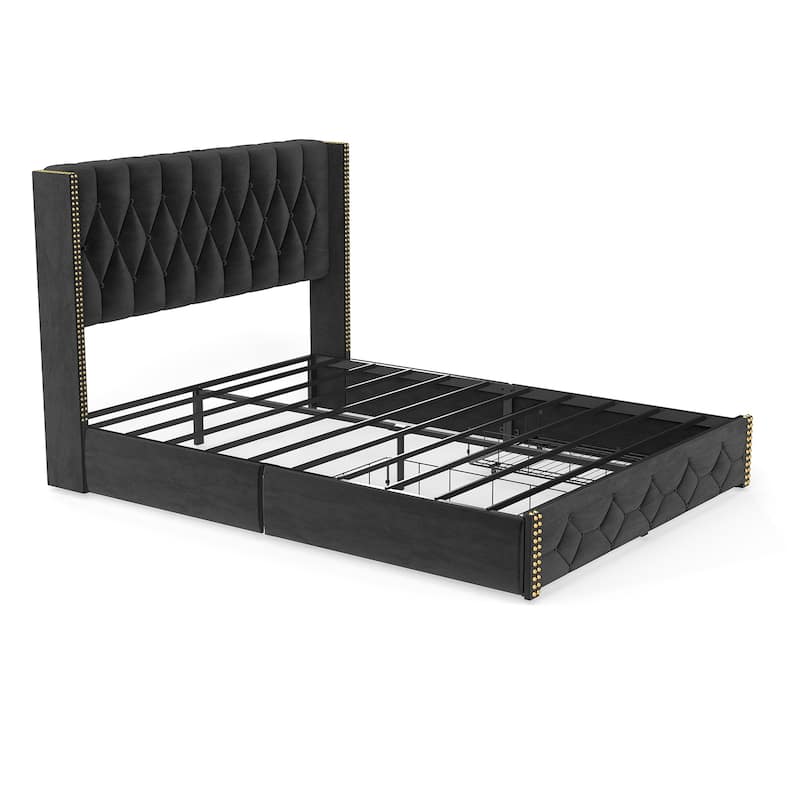 Wingback Bed Velvet Upholstered Platform Bed Frame with 2 Storage Drawers and Headboard, Charging Station, Noise-Free, Black