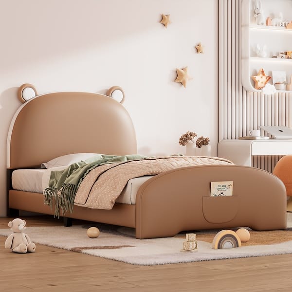 slide 2 of 16, Twin Size PU Upholstered Platform Bed with Bear Shaped Headboard Brown - Twin