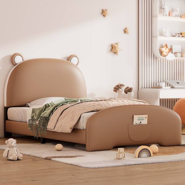 slide 2 of 24, Upholstered Platform Bed, Bear-shaped Headboard, Footboard with Pocket, Wood Panel Bed for Kids Girls Boys
