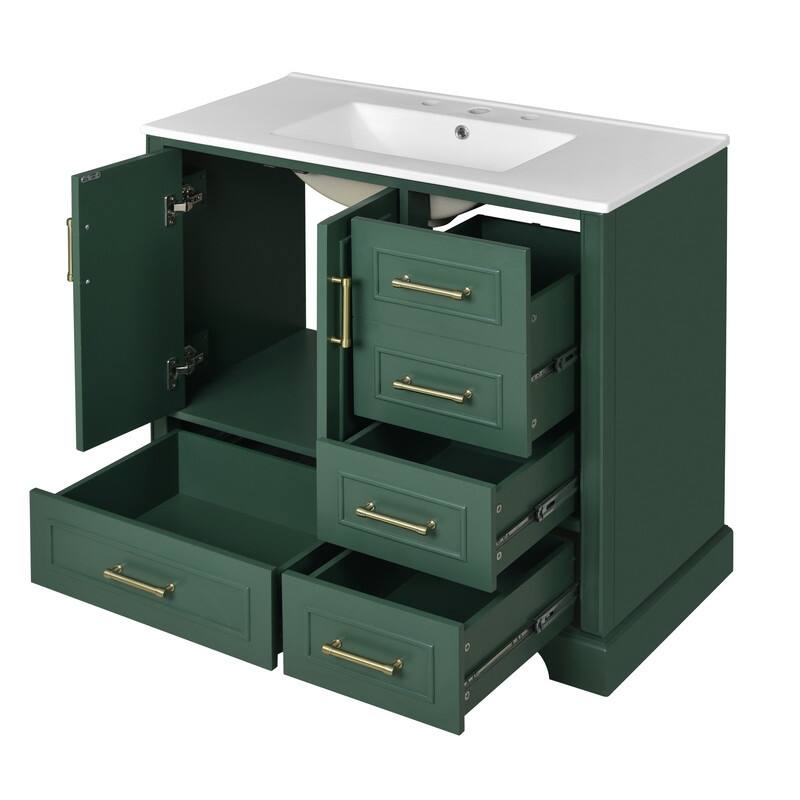 36-Inch Classic Bath Vanity Set – Ceramic Vessel Sink, Blue Two-Door Cabinet with Soft-Close Hinges & Four Storage Drawers