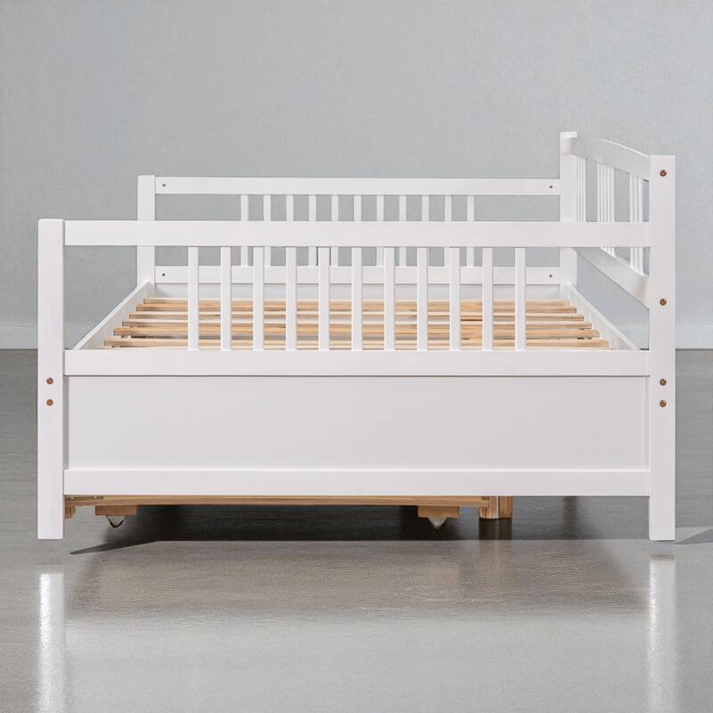 Twin/Full Size Wood Daybed with Twin Trundle, Sofa Bed Frame with Rails and Pull-Out Guest Bed