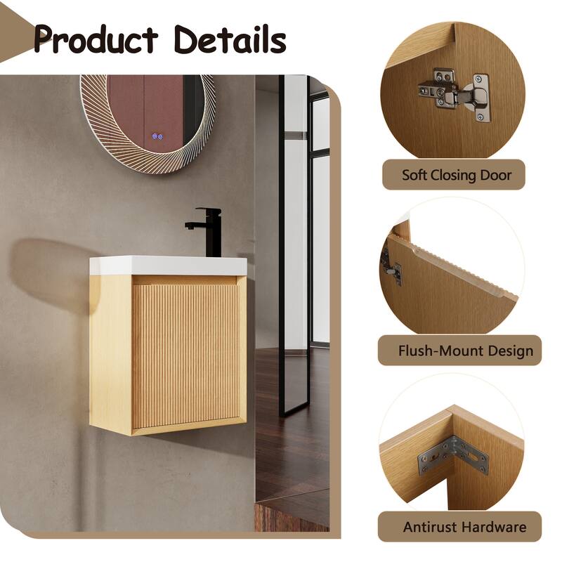 GDFStudio - Helsinki 18.5" Modern Wall-Mounted Bathroom Vanity Set with Resin Sink, Soft Closing Door & Antirust Hardware