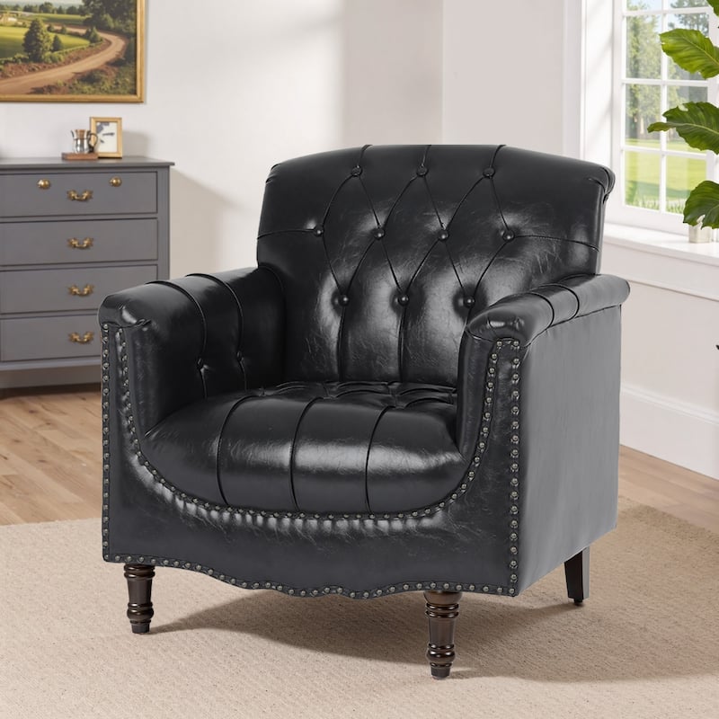 Tufted Accent Chair Vegan Leather Armchair for Living Room - Black Blue