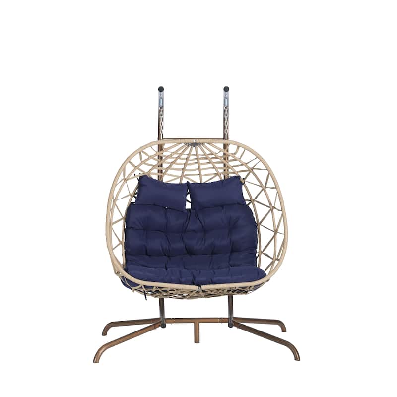 Double Rattan Egg Chair with Stand and UV-Resistant Cushions and Iron Frame - Outdoor Hanging Swing (600lb Capacity)