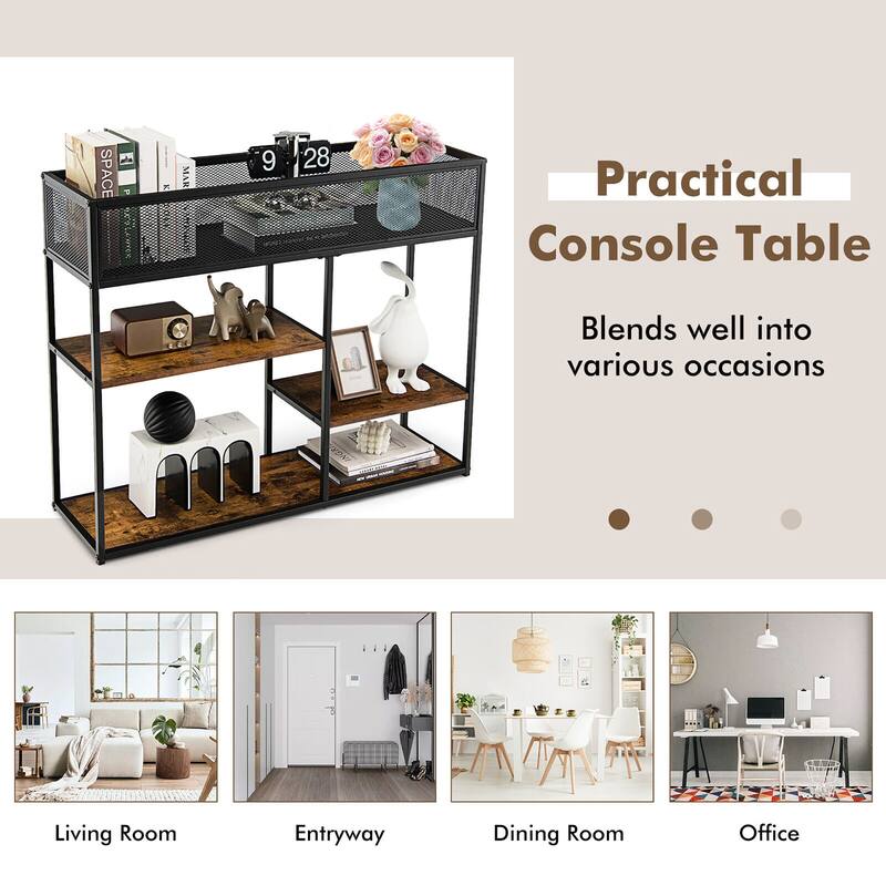 Gymax 4-Tier Console Table w/ Wire Basket Narrow Sofa Table w/ shelf