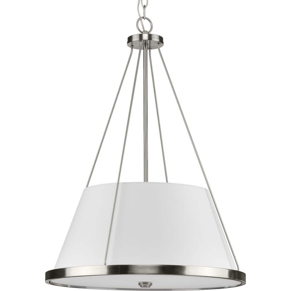 Saffert Collection Three-Light New Traditional Brushed Nickel White Linen Shade Pendant Light - 22 in x 22 in x 30 in