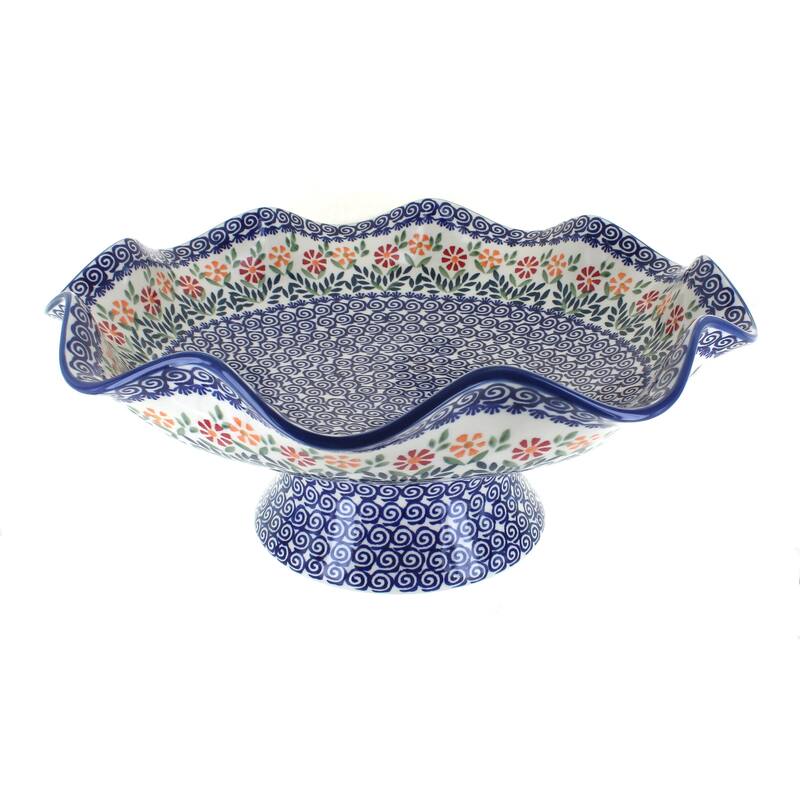 Blue Rose Polish Pottery P135 Manufaktura Large Fluted Pedestal Bowl - Garden Bouquet