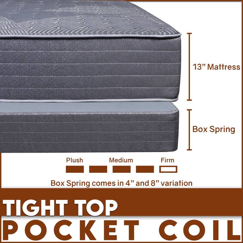 Onetan, 13-Inch Firm Tight top Pocket Coil Hybrid Foam Encased Mattress, with optional 4" or 8" Wood Box Spring set.