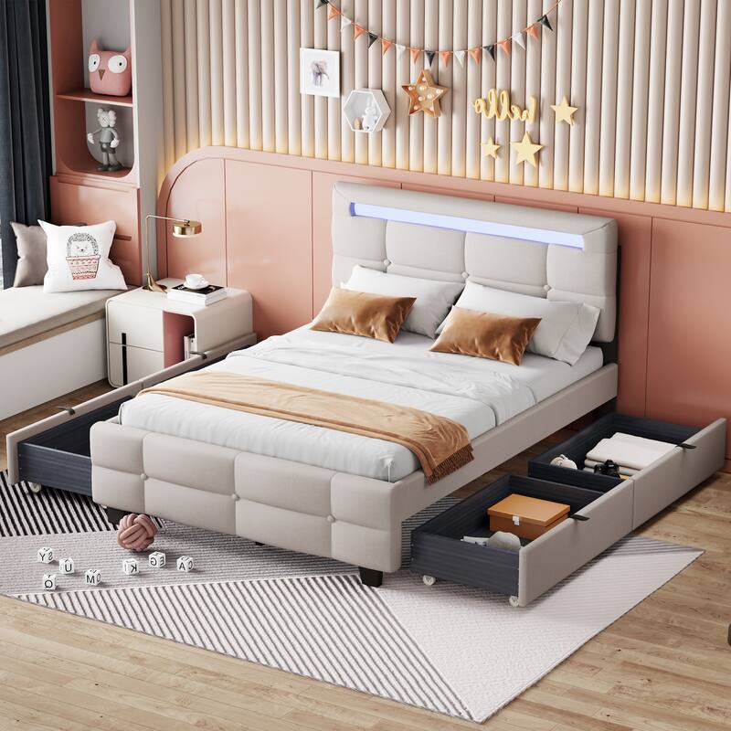 Upholstered Platform Bed with LED Frame and Drawers