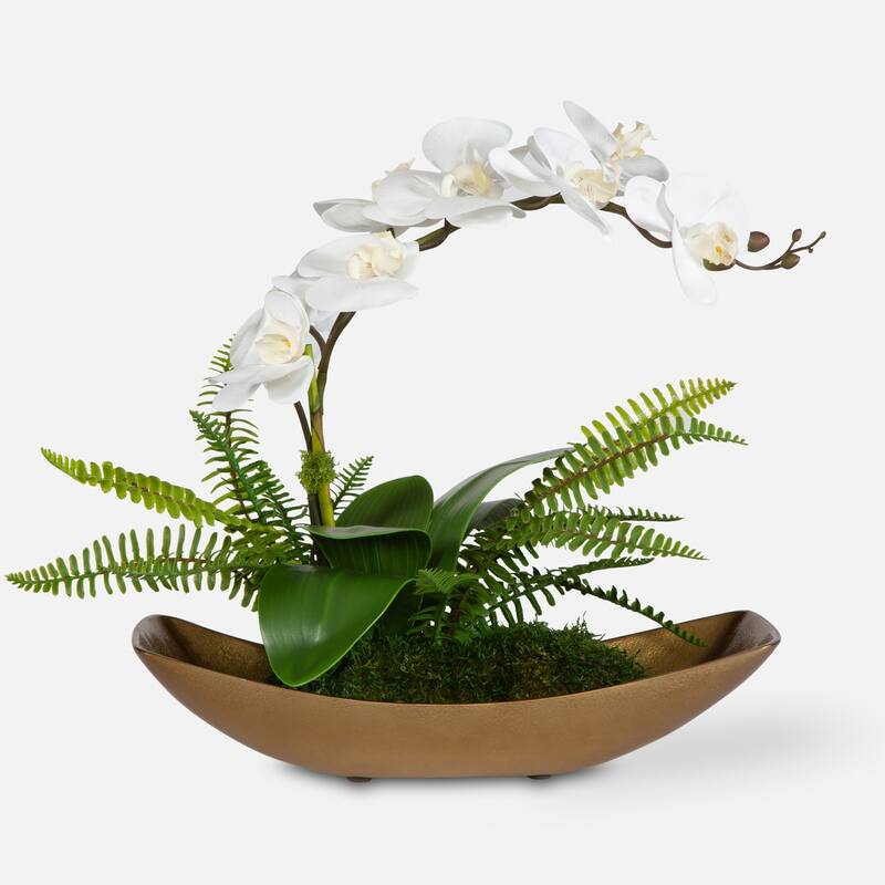 Orchid Floral Centerpiece - 18" - White and Antique Brass Finish