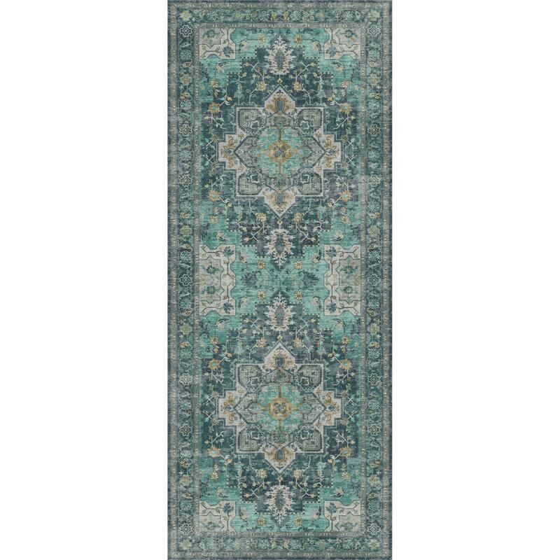 Mcow Green Floral Low Pile Machine Washable Non-Slip Area Rug