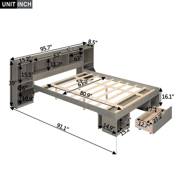Queen Size Solid Pine Wood Platform Kids Bed Frame with Multi-Storage Headboard, Large Drawer, and Open Shelves, Grey