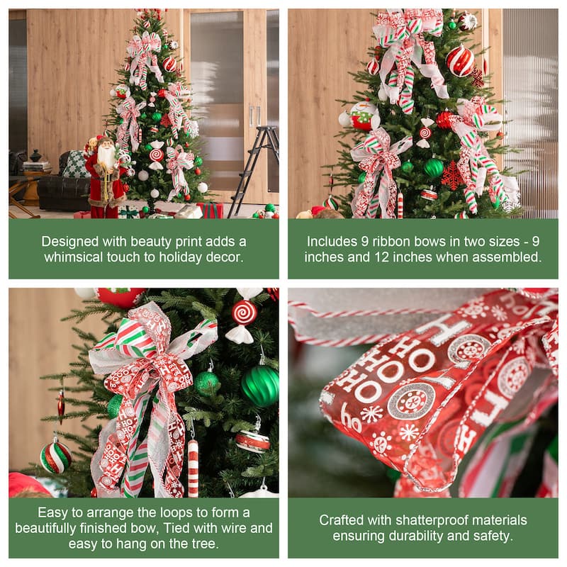 Glitzhome Set of 9 32"L Ribbon Bow Christmas Ornament Tree Topper Decor
