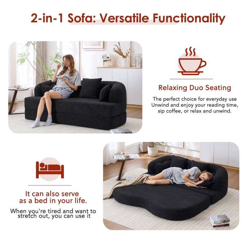 2-in-1 Foldable Sofa Bed, 70" Convertible Boneless Couch Sleeper with 4 Pillows, Chenille Foam Futon for Living Room