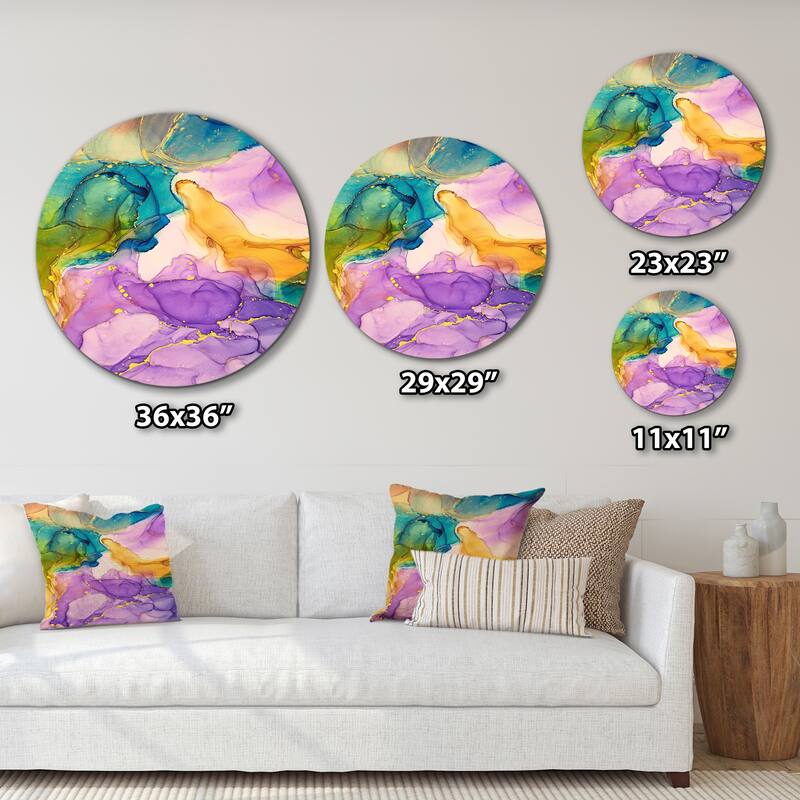 Designart 'Purple Yellow And Green Liquid Art' Modern Metal Circle Wall Art