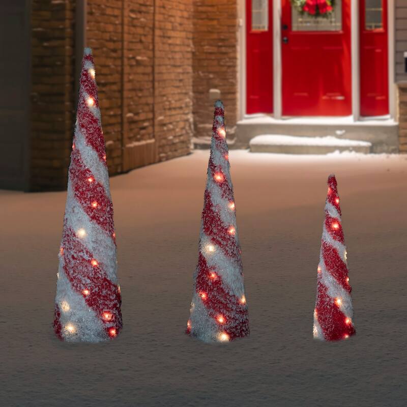 Set of 3 LED Lighted Snowy Candy Cane Striped Christmas Cone Trees 3.25'