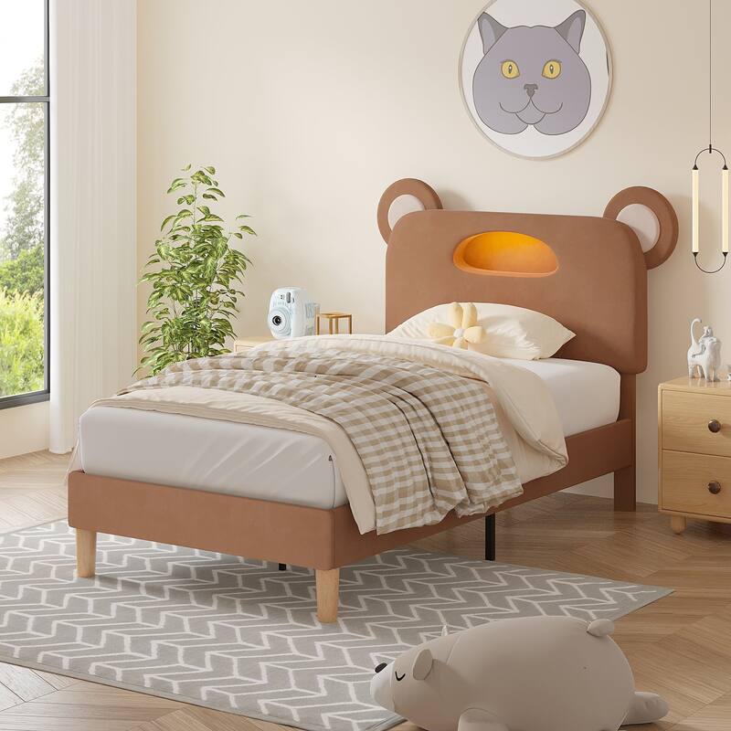 Javlergo Twin Size Upholstered Platform Bed Frame with Bear Ears Headboard and Light, Kids Bed Set of 2