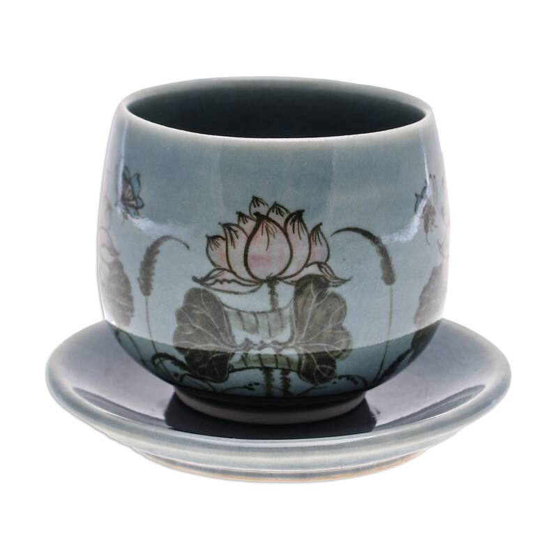 Novica Handmade Luxuriant Lotus In Blue Celadon Ceramic Cup And Saucer