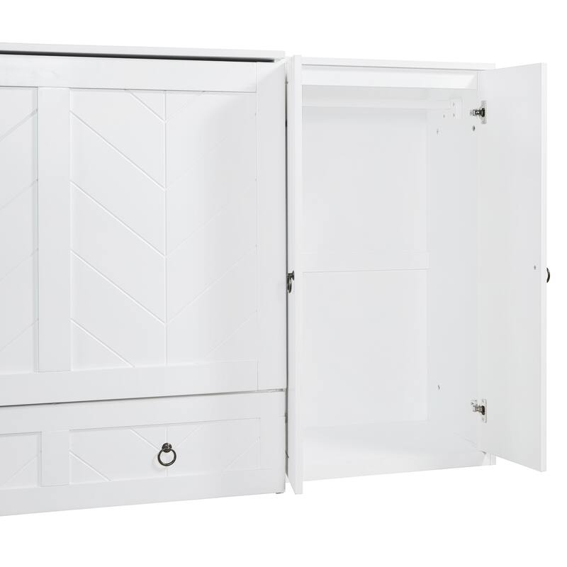 Queen Murphy Bed with USB Port and Drawers,Versatile Solid Wood Cabinet Bed with Desk and Wardrobe